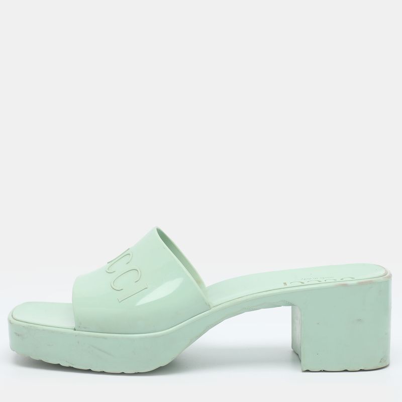 Gucci Logo Size 36 Green Rubber Block Heel Slide Sandals
